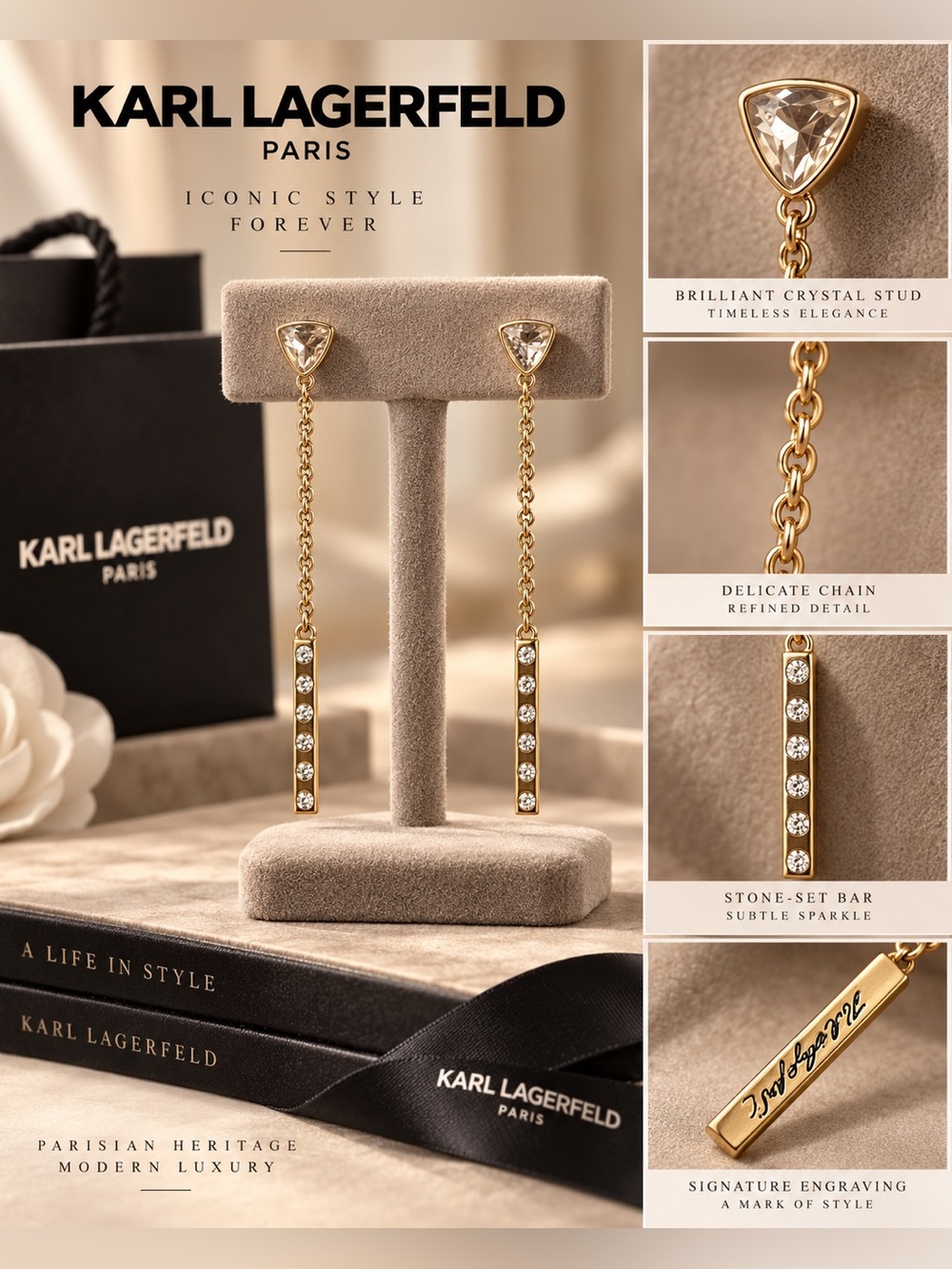 Karl Lagerfeld Gold Crystal Chain Drop Earrings